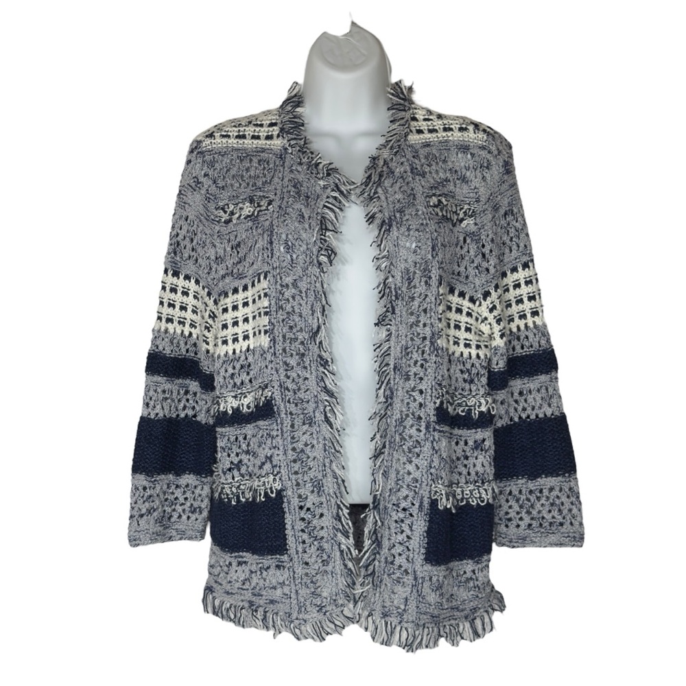 Chicos Blue White Textured Knit Fringe Boho Cottagecore Cardigan Small - Picture 2 of 13